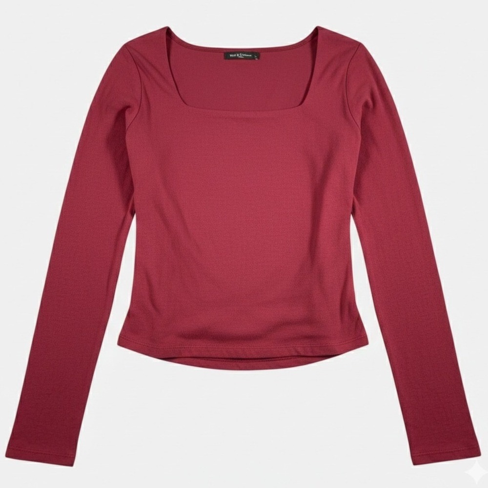 Wild Fable Maroon Square Neck Long Sleeve Ruched Back Top Cotton Blend Womens XS